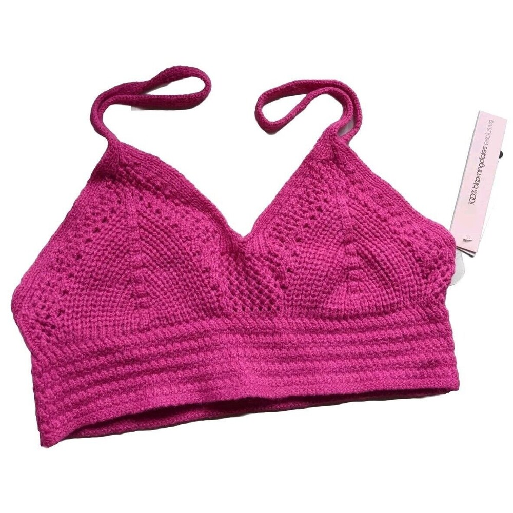 AQUA Crop Top Crochet Pink V-Neck Knit Spaghetti Strap Boho Festival Size Small